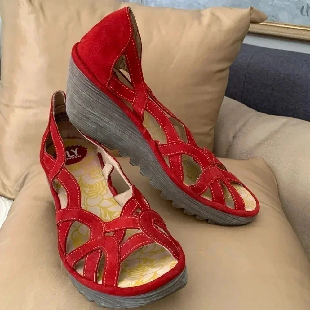 Fly London Red Suede Cutout Wedge Sandals